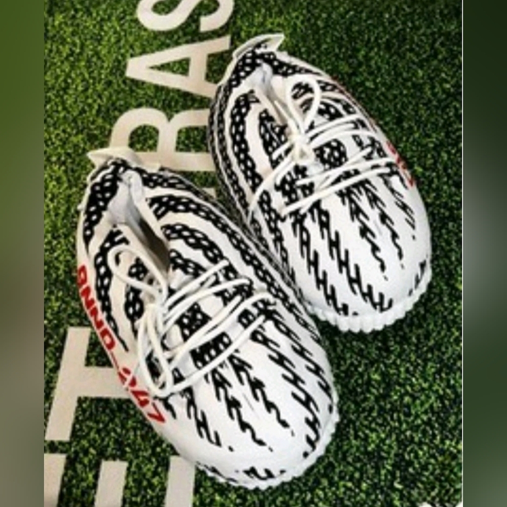 White and Black Athletic Shoe- Like Slippers with Red Accent